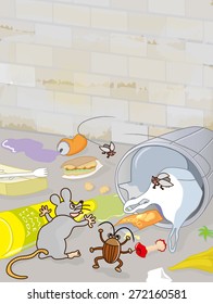 Mouse, cockroach and flies are smiling near the trash bin on the street
