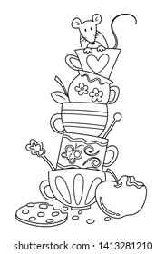 A mouse in coffee cups stacked and apple   cookie  Stacked coffee mugs and little mouse cartoon vector illustration  Cute colorless cartoon for coloring page  