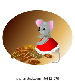 Mouse collects nuts for the winter on a white background in the vector EPS 10