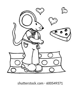 Mouse, coloring, black and white drawing by hand, stands on the rug, around the heart and a large piece of cheese.

