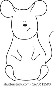 Mouse for coloring book in doodle style illustration isolated on white background. Cute, vector sketch print .Fat Rat outline stock illustration.Textile, kids print on t shirt.Childrens book and more.