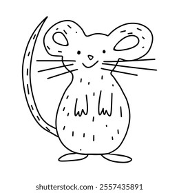 Mouse coloring doodle sketch. Hand drawn black and white vector artwork. Cute simple silhouette ideal for preschool, kinder garden. Easy outline graphic illustration for child. Printable worksheet. 