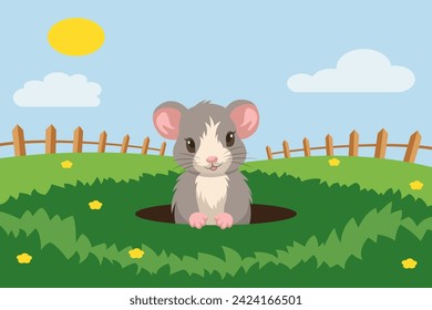 Un ratón sale de un agujero en un césped verde. Ilustración en formato vectorial.