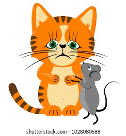 Ratón reconfortando a un triste gato jengibre.