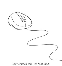 Mouse computer one continuous single line art drawing. Minimal art style. Computer mouse equipment continuous line art illustration.