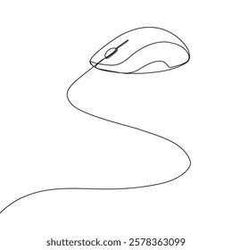 Mouse computer one continuous single line art drawing. Minimal art style. Computer mouse equipment continuous line art illustration.