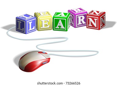 Mouse connected to alphabet letter blocks forming the word learn. Concept for e-learning.