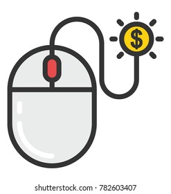 A mouse connected with dollar coin flat design icon, concept of pay per click