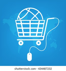 Mouse connected to shopping cart with globe on word map background concept of online shopping sign. Vector illustration business technology online shopping concept design.