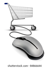 A mouse connected to a shopping cart. internet shopping concept. Vector.