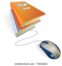 A mouse connected to a stack of books. Concept for online internet learning, education, information storage or e-books.