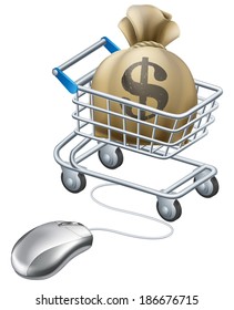 Mouse connected to trolley full of money in a big sack with a dollar symbol on it.