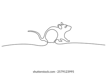 Mouse in continuous line art drawing style,  Cute small mouse rodent black linear design isolated on white background.