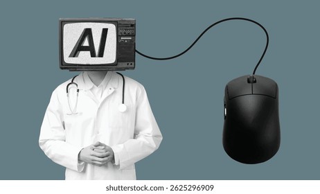 Mouse controlling doctor artificial intelligence, symbol of AI usage as medical assistant. Person with vintage television head representing AI robot. Futuristic collage concept.