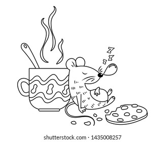 A mouse with cookie and coffee vector illustration cartoon. Sleeping mosue with food in kitchen. Cute little mouse cartoon colorless for coloring book. 