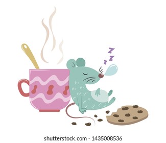 A mouse with cookie and coffee vector illustration cartoon. Sleeping mosue with food in kitchen. Cute little mouse pastel cartoon. 