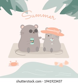 Mouse couple sitting and drink beverage on the beach in summer holidays, Hand drawn style flat vector illustration, Animal Cartoon Character in Summer time concept