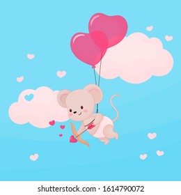 Mouse cupid with bow and arrow flying with pink balloons in the sky. Illustration of an amour for valentines day greetings. White heart clouds in the sky