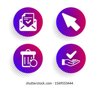 Mouse cursor, Approved mail and Recovery trash icons simple set. Halftone dots button. Dermatologically tested sign. Click arrow, Confirmed document, Backup file. Organic. Technology set. Vector