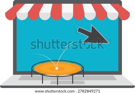 Mouse cursor arrow bouncing on laptop store trampoline