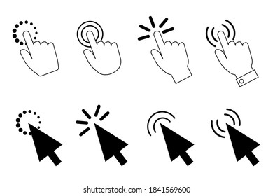 Mouse cursor arrows. Hand and arrow pointers. Vector illustration of a push symbol. Stock image.