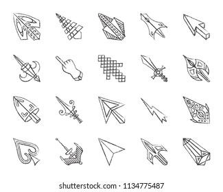 Mouse cursor charcoal icons set. Grunge outline sign kit of arrow. Click linear icon collection includes finger, hand, button. Hand drawn by crayon simple cursor symbol on white. Vector Illustration
