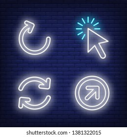 Mouse cursor click and arrows neon signs set. Website interface signs or buttons design. Night bright neon sign, colorful billboard, light banner. Vector illustration in neon style.