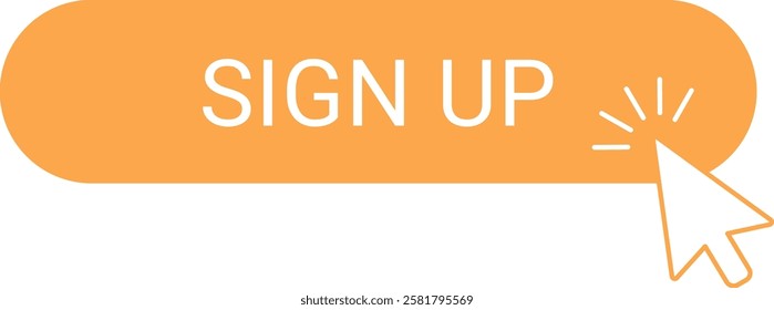 Mouse cursor clicking an orange rounded rectangle sign up button with sparks coming out, encouraging users to register and join a platform or service