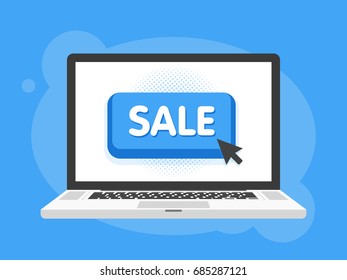 Mouse cursor clicks the sale button. Laptop notebook computer screen. Vector illustration.