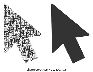 Mouse cursor collage icon of zero and one symbols in different sizes. Vector digital symbols are combined into mouse cursor mosaic design concept.