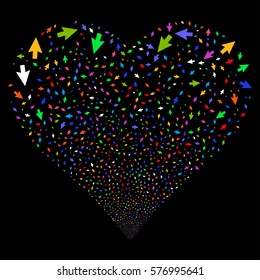 Mouse Cursor fireworks with heart shape. Vector illustration style is flat bright multicolored iconic symbols on a black background. Object stream done from scattered pictographs.
