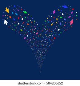 Mouse Cursor fireworks stream. Vector illustration style is flat bright multicolored iconic symbols on a blue background. Object double fountain organized from random design elements.