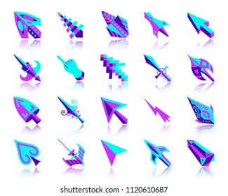 Mouse Cursor flat icons set. Web vector sign kit of arrow. Click pictogram collection includes finger, hand, button. Simple mouse cursor colorful cartoon icon symbol with reflection isolated on white