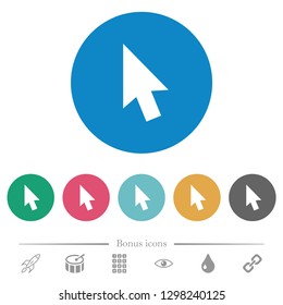 Mouse cursor flat white icons on round color backgrounds. 6 bonus icons included.