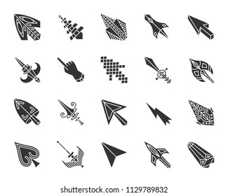 Mouse cursor glyph style icons set. Sign kit of arrow. Click pictogram collection includes pointer, laser, lightning. Simple mouse cursor black symbol isolated on white. Vector silhouette Icon shape