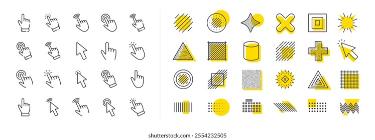 Mouse cursor, hand finger and press here set. Design shape elements. Click pointer line icons. Computer arrow, interface tool and web point line icons. Vector