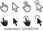 Mouse Cursor and Hand Pointer Icon Set, Computer Clicker Symbols in Line and Solid Flat Style