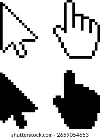 Cursor do mouse e ícone de ponteiro de mão definido em estilo de pixel, ilustração de vetor de clique digital retro e símbolos de ponteiro isolados em fundo branco, ideal para design web, elementos UIUX 