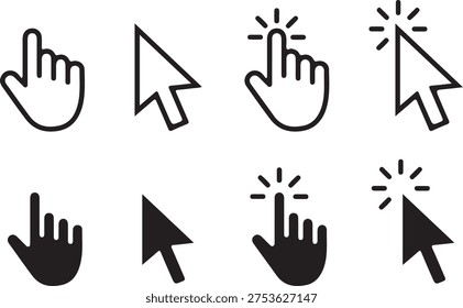 Cursor de ratón y conjunto de iconos de puntero de mano, símbolos de clic de computadora en línea y estilo plano sólido