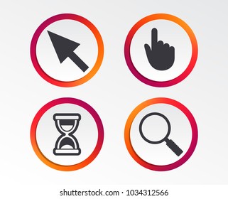 Mouse cursor and hand pointer icons. Hourglass and magnifier glass navigation sign symbols. Infographic design buttons. Circle templates. Vector