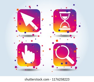Mouse cursor and hand pointer icons. Hourglass and magnifier glass navigation sign symbols. Colour gradient square buttons. Flat design concept. Vector