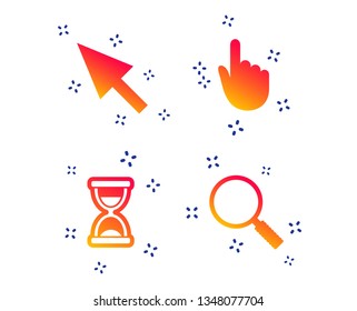 Mouse cursor and hand pointer icons. Hourglass and magnifier glass navigation sign symbols. Random dynamic shapes. Gradient cursor icon. Vector