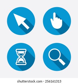 Mouse cursor and hand pointer icons. Hourglass and magnifier glass navigation sign symbols. Circle concept web buttons. Vector