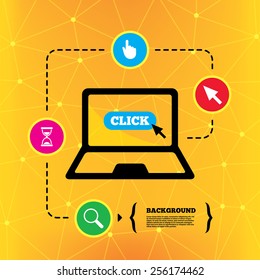 Mouse cursor and hand pointer icons. Hourglass and magnifier glass navigation sign symbols. Notebook device orange background with icons. Vector