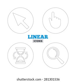Mouse cursor and hand pointer icons. Hourglass and magnifier glass navigation sign symbols. Linear outline web icons. Vector