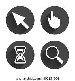 Mouse cursor and hand pointer icons. Hourglass and magnifier glass navigation sign symbols. Circles buttons with long flat shadow. Vector