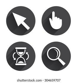 Mouse cursor and hand pointer icons. Hourglass and magnifier glass navigation sign symbols. Circles buttons with long flat shadow. Vector