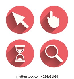 Mouse cursor and hand pointer icons. Hourglass and magnifier glass navigation sign symbols. Pink circles flat buttons with shadow. Vector