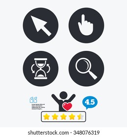 Mouse cursor and hand pointer icons. Hourglass and magnifier glass navigation sign symbols. Star vote ranking. Client like and think bubble. Quotes with message.