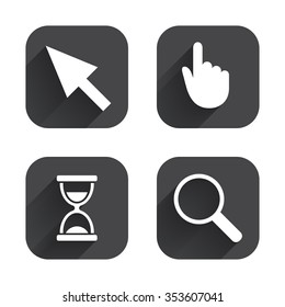 Mouse cursor and hand pointer icons. Hourglass and magnifier glass navigation sign symbols. Square flat buttons with long shadow.